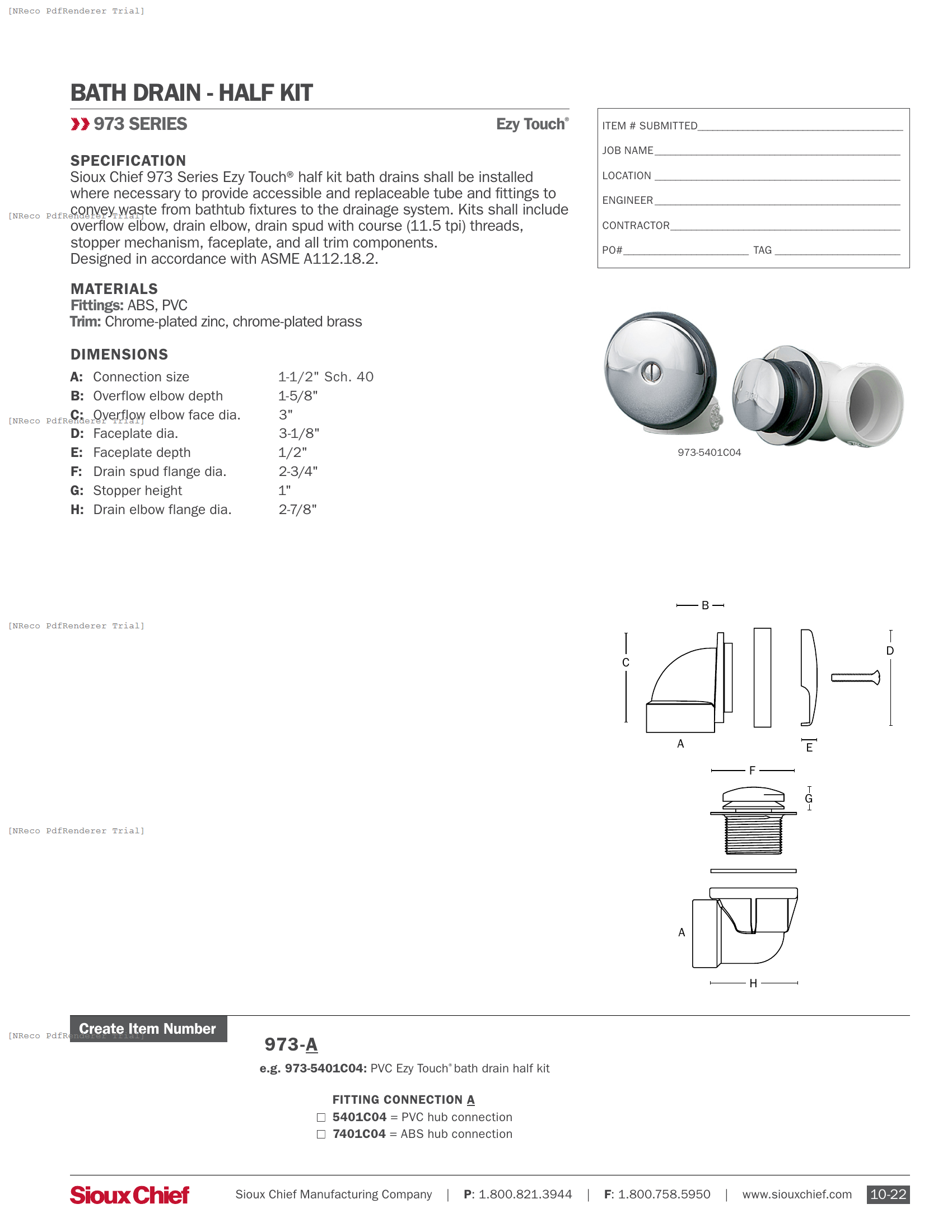 973 SERIES - EZY TOUCH BATH DRAIN HALF KIT - SPEC SHEET.PDF Specification Document